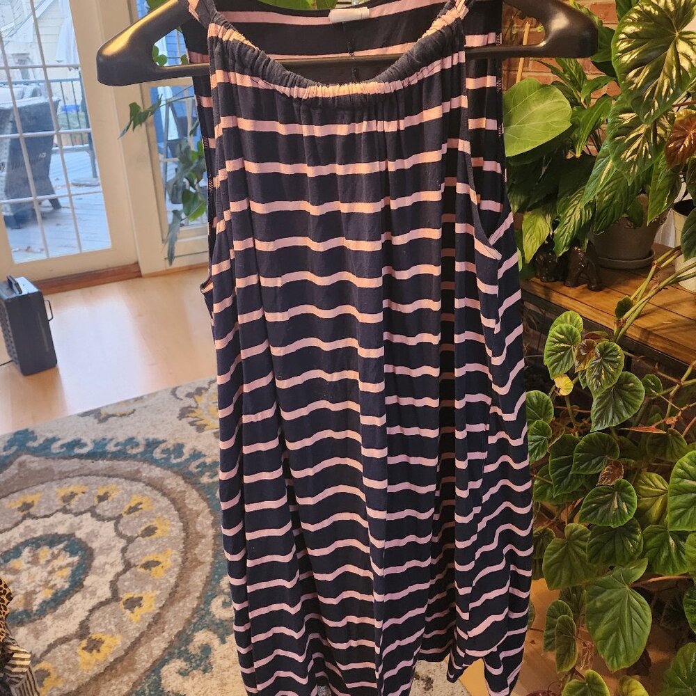 Suzanne Betro navy blue and pink striped sleeveless swing dress